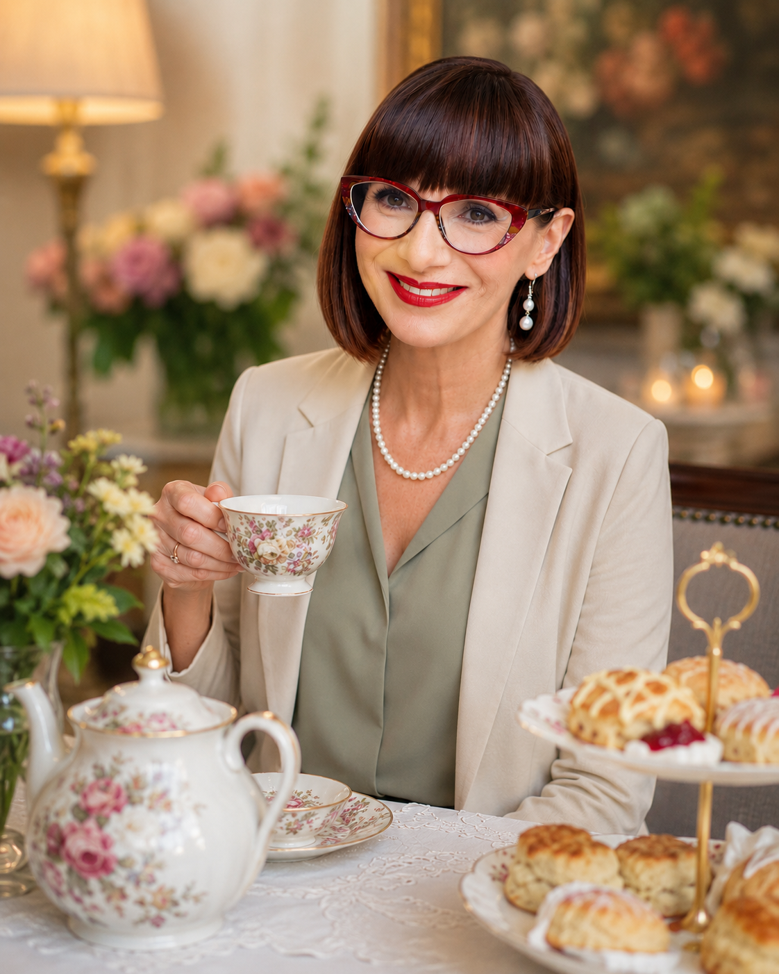 Meet Linda Barnett Website Linda at tea table