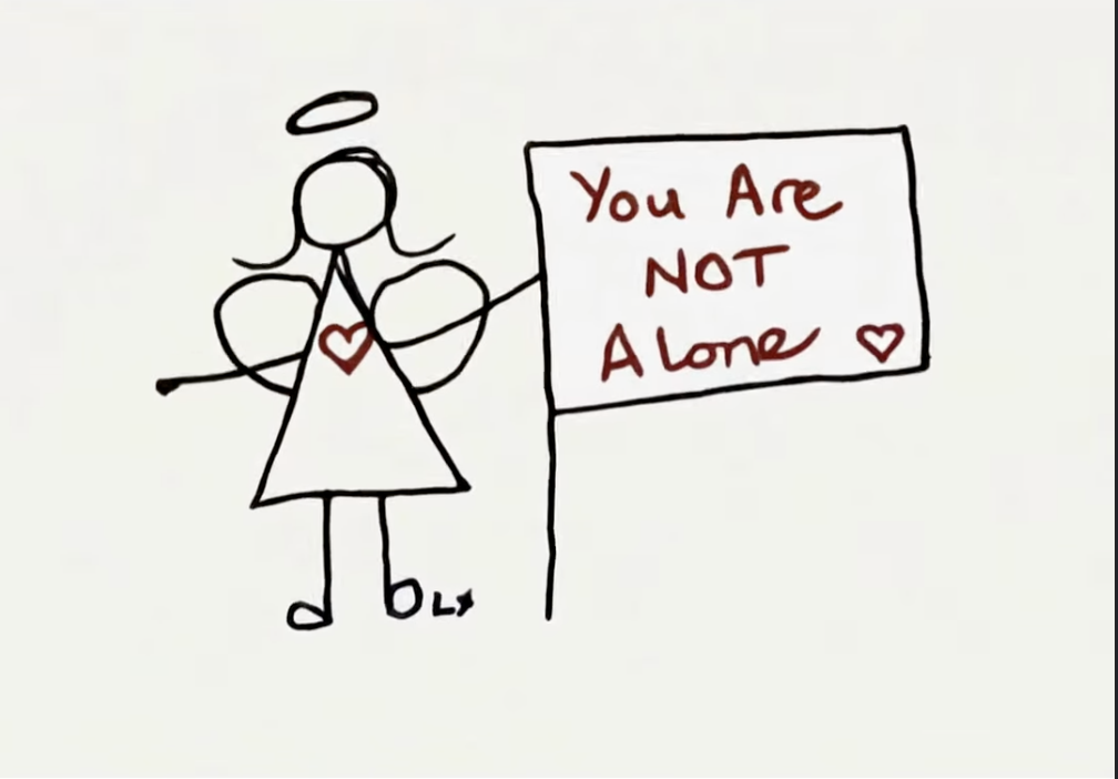 Meet Linsey Denham: Helping Women Find Their Way Back to Themselves 2 A simple hand-drawn angel holding a sign that reads “You Are NOT Alone,” representing Linsey Denham’s message of emotional support, hope, faith, and helping women reconnect with themselves.