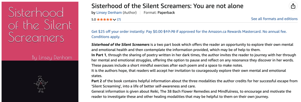 Meet Linsey Denham: Helping Women Find Their Way Back to Themselves 6 : Screenshot of Linsey Denham’s book, Sisterhood of the Silent Screamers: You Are Not Alone, showing the pink and black book cover alongside its Amazon listing and description.